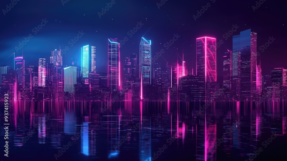 Fototapeta premium Urban Nightscape Featuring Vibrant Neon Lighting