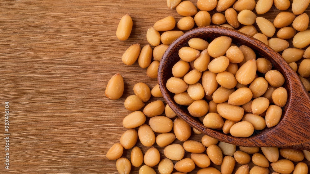 Organic pine nuts, small and glossy, rich detail, 3D illustration Organic pine nuts, small and glossy, rich detail, 3D illustration
