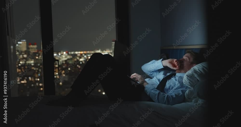 Tired and exhausted businessman working late in hotel room or apartment overlooking the city at night. Overworked after hours finishing up project or presentation looking at laptop screen in dark room Tired and exhausted businessman working late in hotel room or apartment overlooking the city at night. Overworked after hours finishing up project or presentation looking at laptop screen in dark room