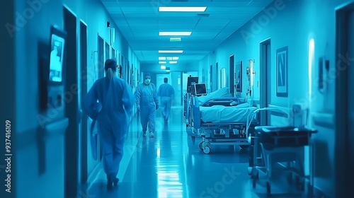 A hospital corridor filled with COVID-19 patients being treated by medical staff