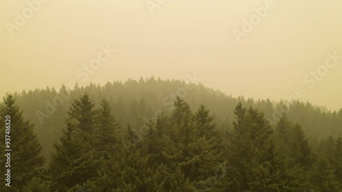 Wildfire Smoke In The Air At Mount Tabor Park In Portland, Oregon, United States. Aerial Drone Shot photo