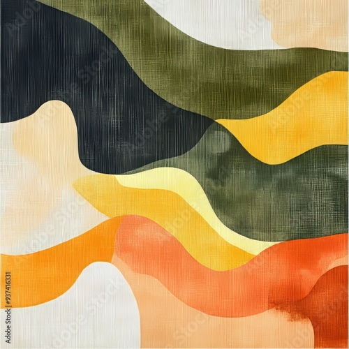 Wallpaper Mural boho organic abstract shapes, sage green, orange, yellow Torontodigital.ca