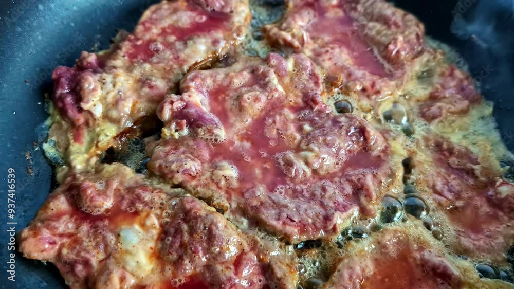 Frying delicious pork steaks, close up Frying delicious pork steaks, close up