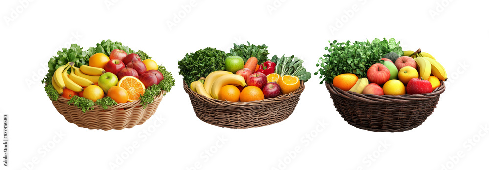 Fruit baskets set isolated on transparent background, fresh fruit in baskets for food and decoration Fruit baskets set isolated on transparent background, fresh fruit in baskets for food and decoration