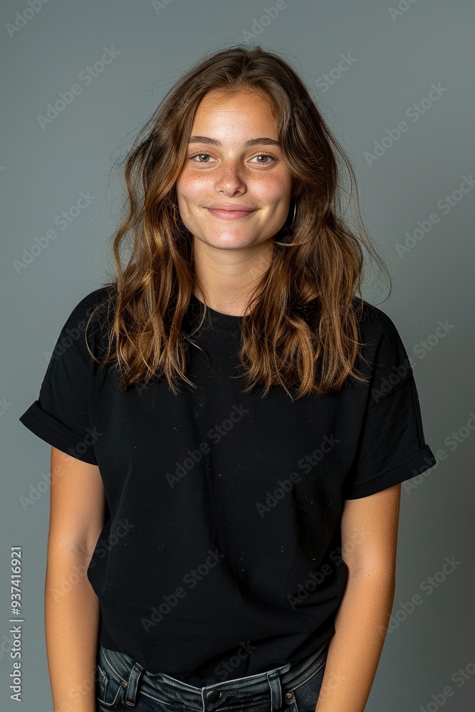 Obraz premium A Happy Young Woman Standing Against A Gray Background, Looking Cheerful