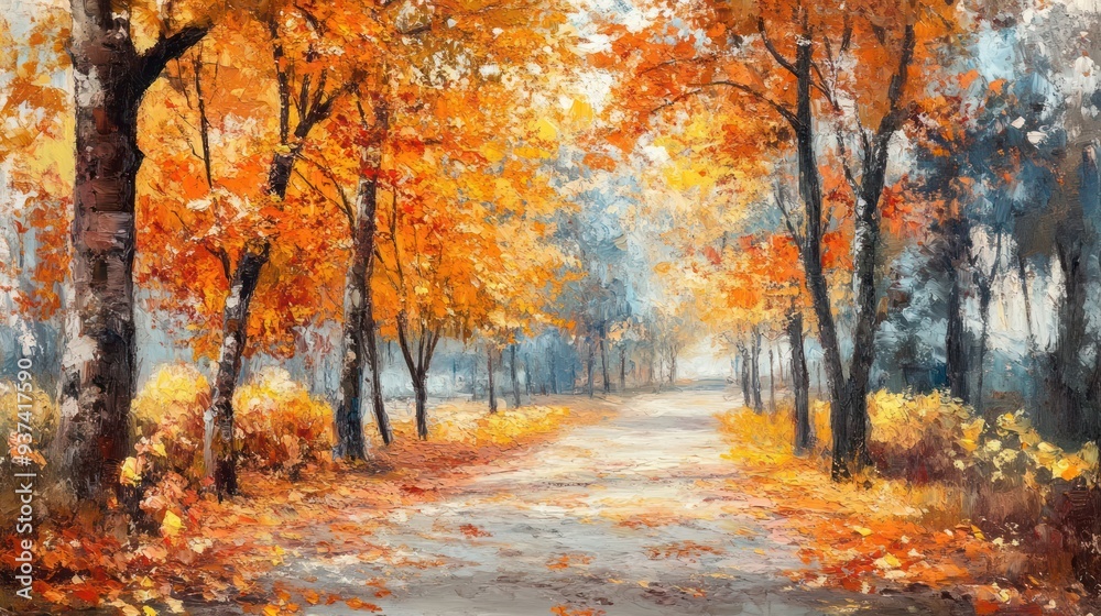 Oil Painting of a Path Through an Autumn Forest Oil Painting of a Path Through an Autumn Forest