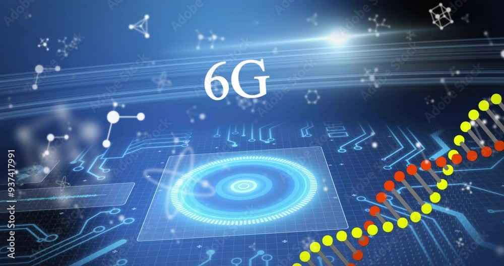 6G technology animation with futuristic graphics and molecular structures on digital interface