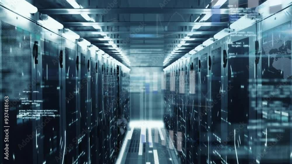 Data processing animation over server racks in futuristic data center Data processing animation over server racks in futuristic data center