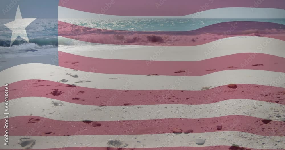 Waving American flag animation over beach with waves and footprints in sand Waving American flag animation over beach with waves and footprints in sand