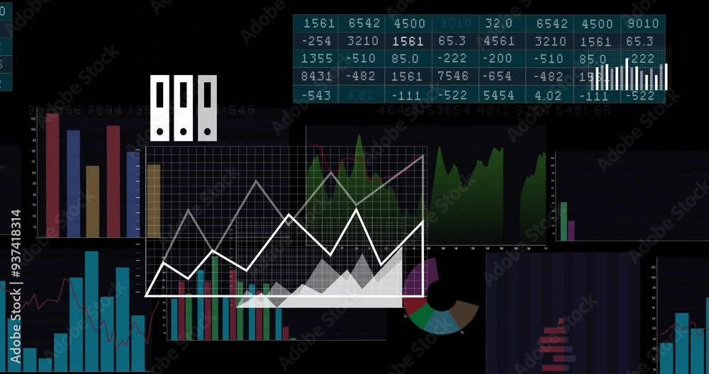 Financial data and charts animation over stock market graphs and numbers