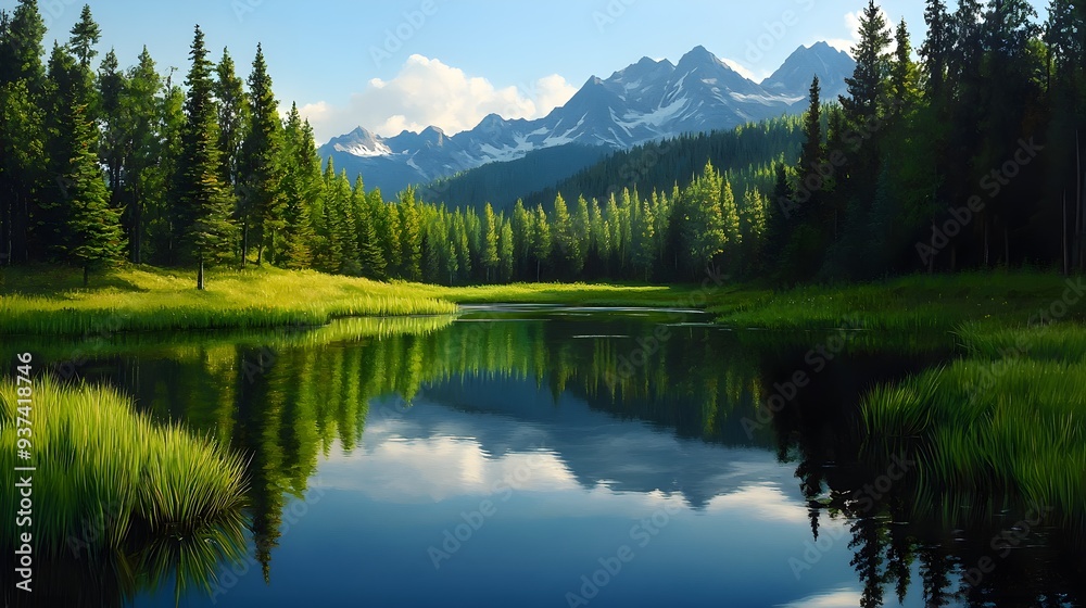 Peaceful lake scene, reflecting mountains and surrounding forests, oil painting, detailed brushwork, soft light, realistic nature depiction. Peaceful lake scene, reflecting mountains and surrounding forests, oil painting, detailed brushwork, soft light, realistic nature depiction.