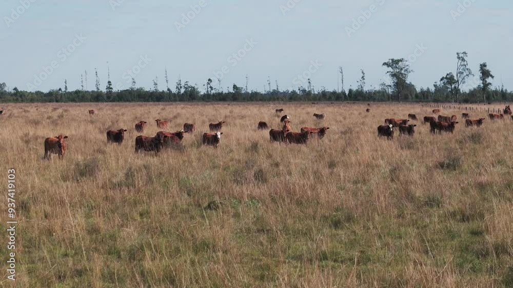 A herd of brown cows stand lazily in a yellow green grassy field in front of a line of trees on a bright overcast day