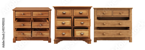 Wooden drawers set isolated on transparent background, vintage wooden drawers for storage and decoration