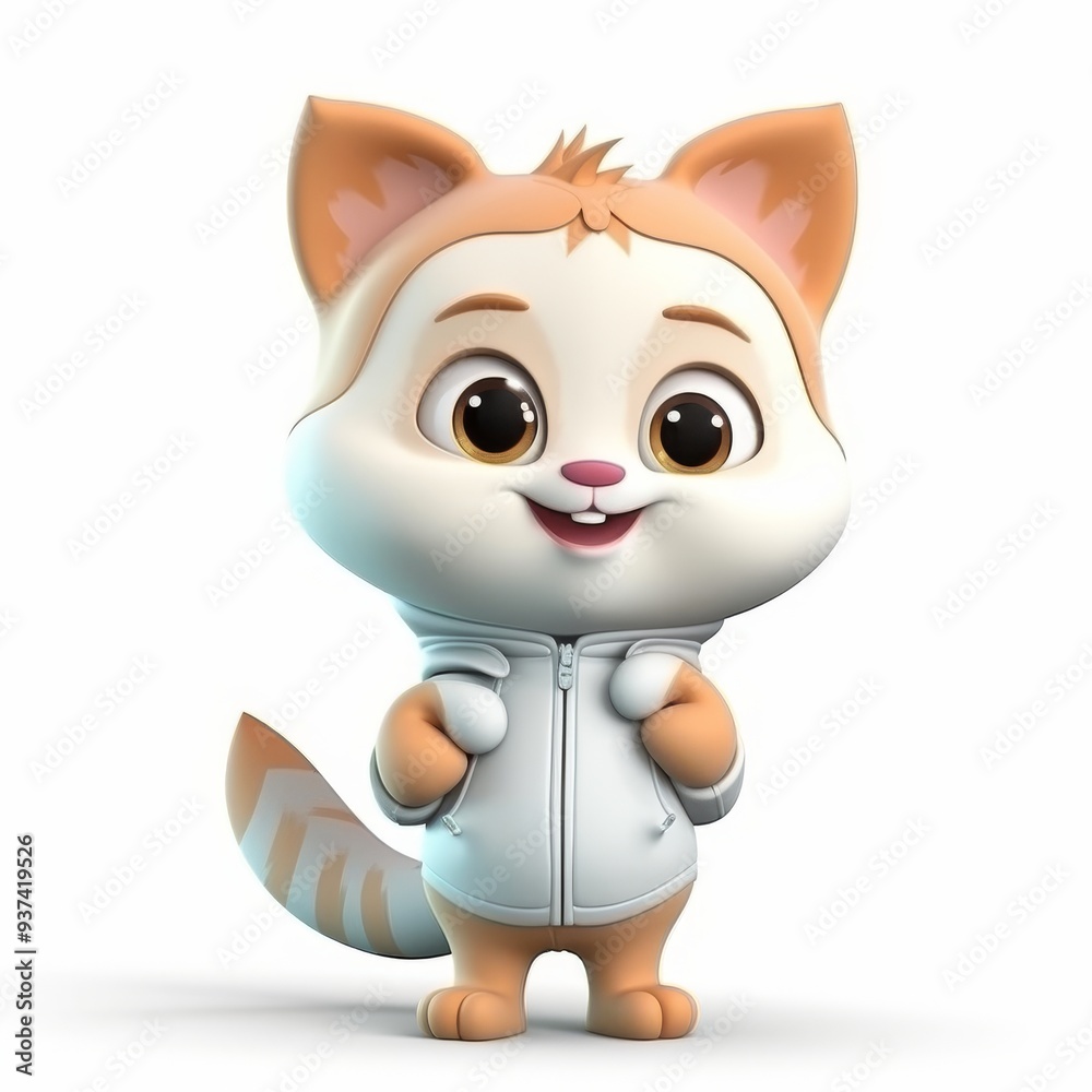 Cute Cartoon Kitten Illustration in White Jacket - Adorable Animal Art for Kids Cute Cartoon Kitten Illustration in White Jacket - Adorable Animal Art for Kids