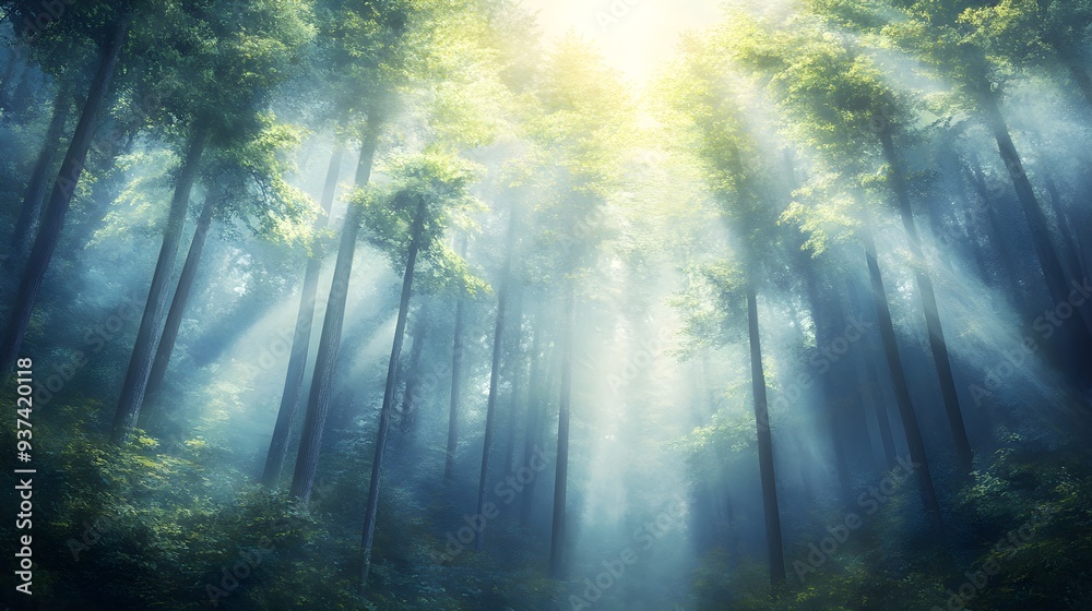 Ancient forest, thick mist enveloping towering trees, deep greens and blues, oil painting style, hand-brushed depth and layers of mystery