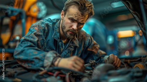 Mechanic working under a car: Working under a car, a mechanic in a grease-stained jumpsuit focuses on fixing the engine. Tools are scattered around as he carefully attends to the repairs. 