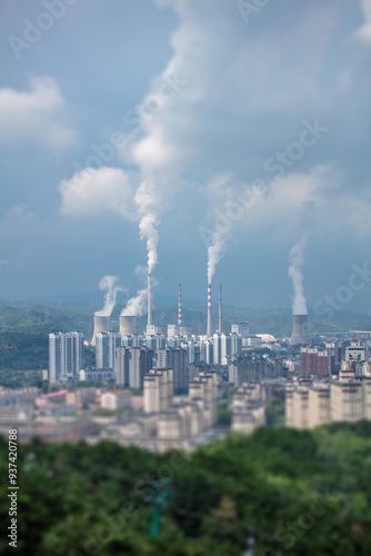 Nuclear power plant emissions of chimneys, ecological environmental protection and pollution. 