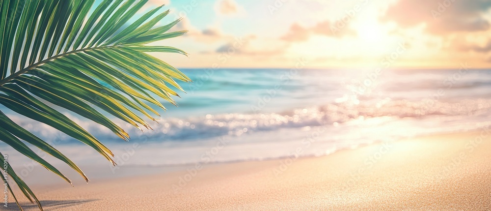 Palm leaves framing the serene tropical beach with a blurred ocean and golden sunset. Palm leaves framing the serene tropical beach with a blurred ocean and golden sunset.