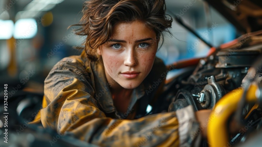 Fototapeta premium Mechanic working under a car: A mechanic in a grease-stained jumpsuit is engrossed in fixing an engine beneath a car, with tools scattered around and a concentrated look on his face.