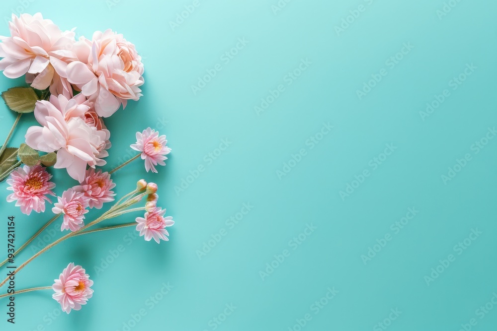 Delicate pink flowers arranged on a vibrant turquoise background, perfect for enhancing any design with a fresh floral touch. Delicate pink flowers arranged on a vibrant turquoise background, perfect for enhancing any design with a fresh floral touch.