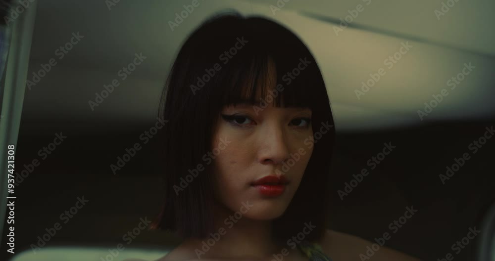 A Beautiful Young Fashion Model Poses Beneath a Flickering Light - Close Up