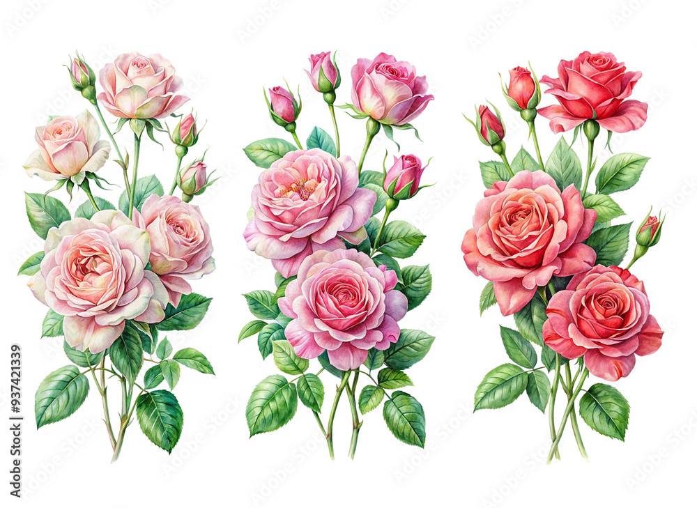 Set of beautiful roses watercolor PNG transparent image, AI generative. Set of beautiful roses watercolor PNG transparent image, AI generative.