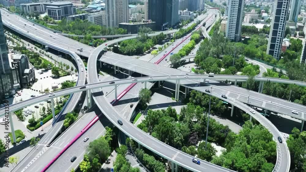 Traffic flow on viaduct junction in rush hour, the city interchange spectacular elevated highway and complexity, convergence of roads, bridges in day time with development infrastructure