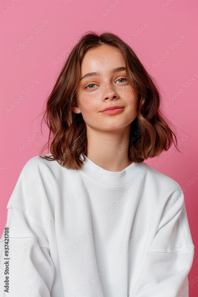 A Brunette Woman In A White Pullover, Isolated Against A Pink Background A Brunette Woman In A White Pullover, Isolated Against A Pink Background