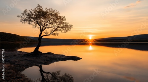 Solitary Tree at Sunset: A lone tree stands sentinel against a fiery sunset, its silhouette mirrored in the tranquil waters of a lake. The golden hues paint a serene and contemplative landscape, invok
