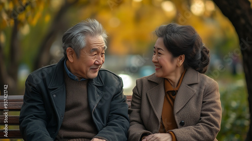 Close-up Happy Older Asian couple sit on a park bench, Smiling and happy senior Asian couple looking at one another and enjoying the moment. , plan life insurance at retirement couple concept