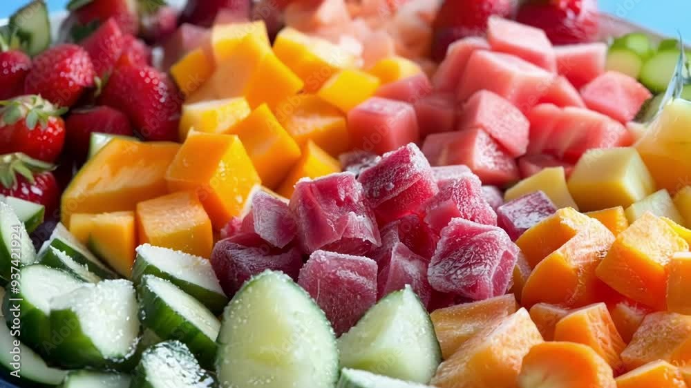 Frozen chopped vegetables and fruits arranged in a vibrant pattern, offering a convenient and nutritious option for smoothies, cold soups, or other refreshing recipes Frozen chopped vegetables and fruits arranged in a vibrant pattern, offering a convenient and nutritious option for smoothies, cold soups, or other refreshing recipes