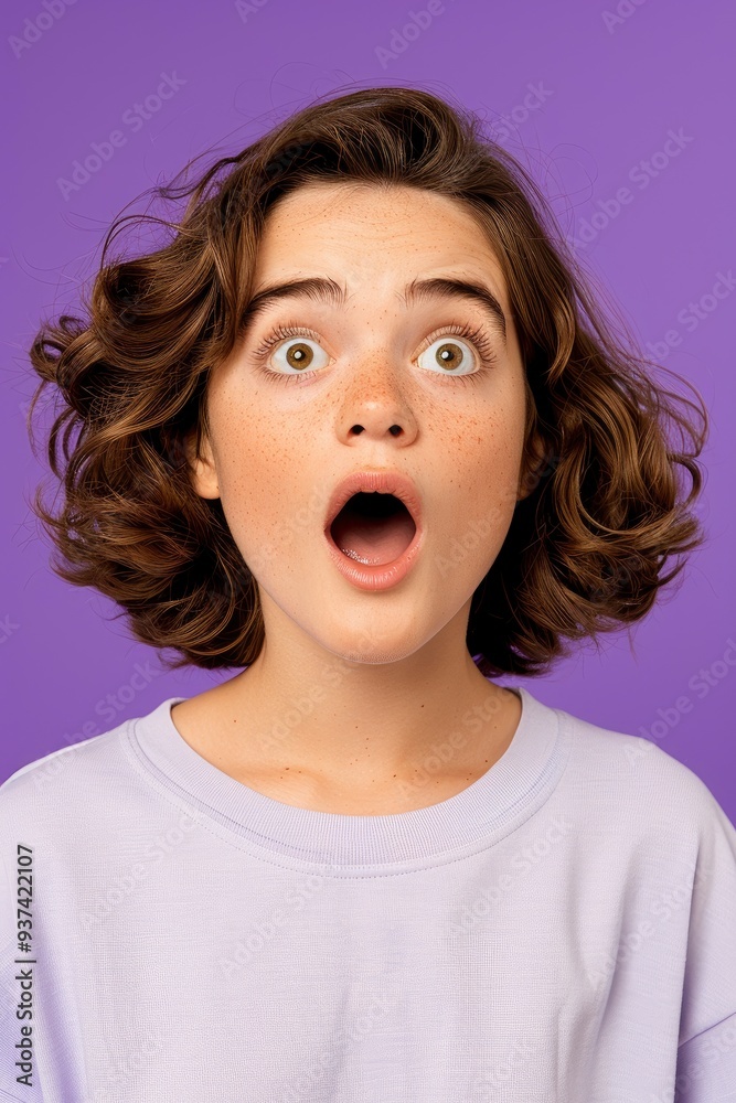 A Beautiful Young Brunette Woman With A Surprised Expression, Standing Against A Purple Background A Beautiful Young Brunette Woman With A Surprised Expression, Standing Against A Purple Background