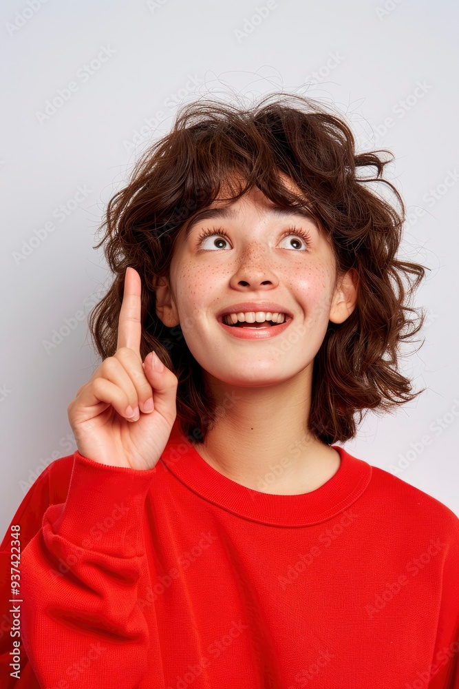 A Beautiful Young Asian Woman Pointing Her Finger Up, Smiling A Beautiful Young Asian Woman Pointing Her Finger Up, Smiling