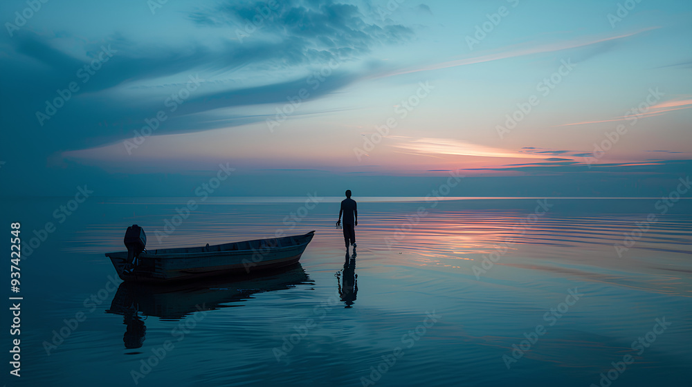 Naklejka premium the shadow of a person at sunset on the beach