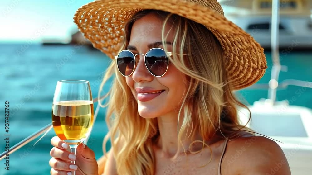 A young lady sip champagne at an outdoor celebration on a yacht. Gorgeous young ladies socialising and having a good time on a catamaran sailing trip to celebrate the holidays