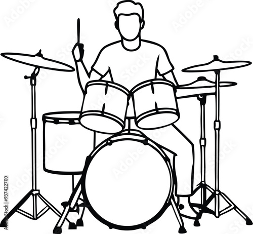 drummer silhouette acoustic drum kit illustration black and white