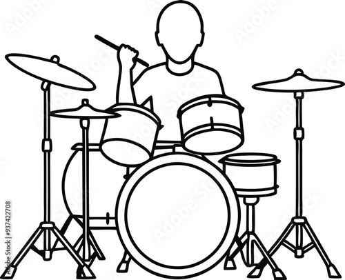 drummer silhouette acoustic drum kit illustration black and white