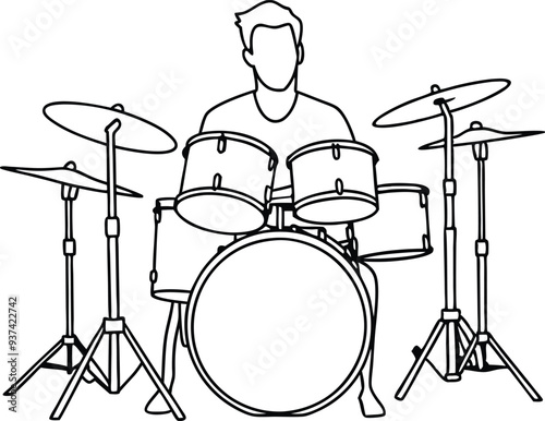 drummer silhouette acoustic drum kit illustration black and white