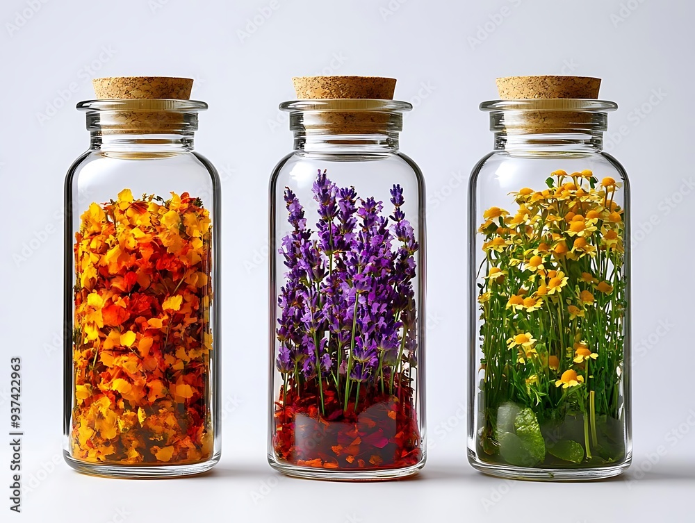 Three Glass Bottles Filled with Dried Flowers - Illustration Three Glass Bottles Filled with Dried Flowers - Illustration