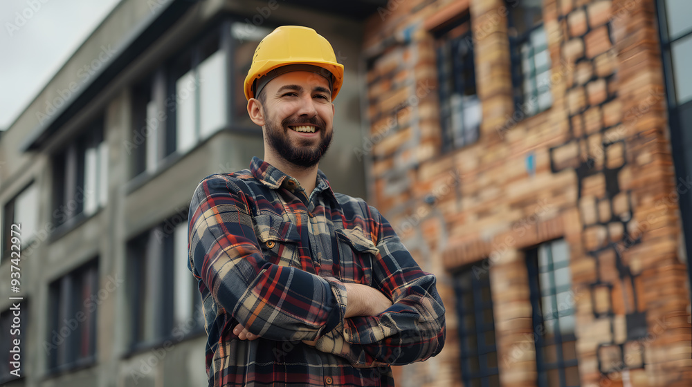 A man, a worker, a builder by profession, in a uniform and a helmet. AI Generated A man, a worker, a builder by profession, in a uniform and a helmet. AI Generated