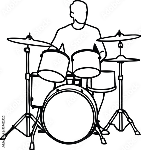 drummer silhouette acoustic drum kit illustration black and white