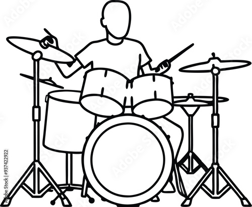drummer silhouette acoustic drum kit illustration black and white