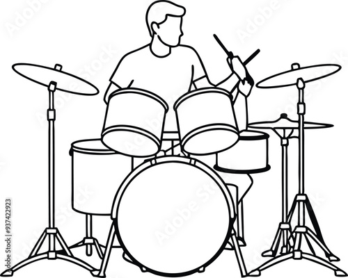 drummer silhouette acoustic drum kit illustration black and white