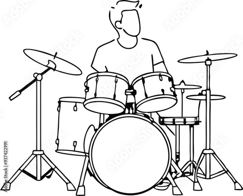 drummer silhouette acoustic drum kit illustration black and white