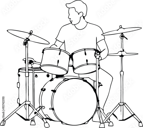 drummer silhouette acoustic drum kit illustration black and white