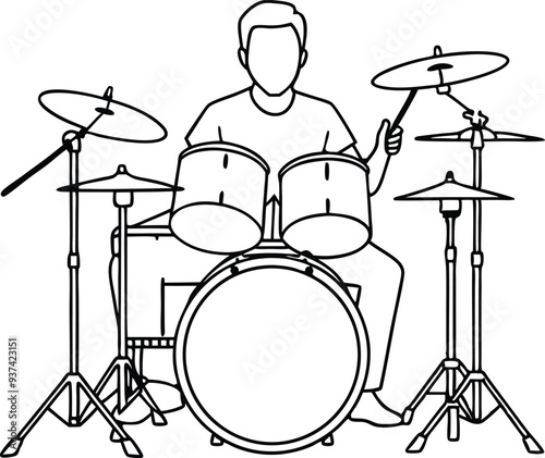 drummer silhouette acoustic drum kit illustration black and white