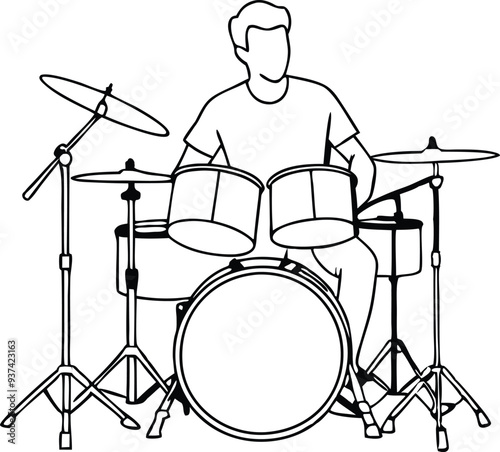 drummer silhouette acoustic drum kit illustration black and white