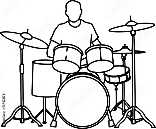 drummer silhouette acoustic drum kit illustration black and white