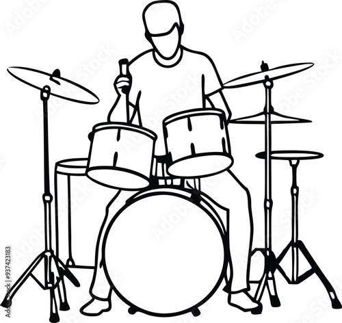 drummer silhouette acoustic drum kit illustration black and white