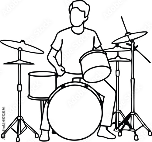 drummer silhouette acoustic drum kit illustration black and white